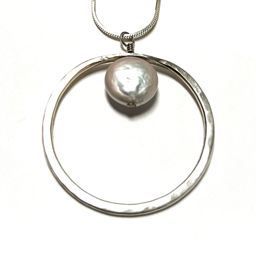 SALE!  Sterling and Pearl Karma Circle Necklace 24”